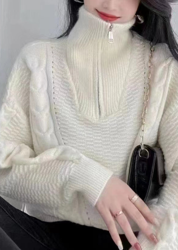 Women Apricot Turtleneck Zip Up Cotton Knit Sweaters Long Sleeve