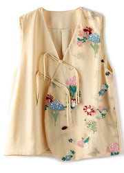 Women Apricot V Neck Embroidered Floral Button Patchwork Tulle Waistcoat Sleeveless