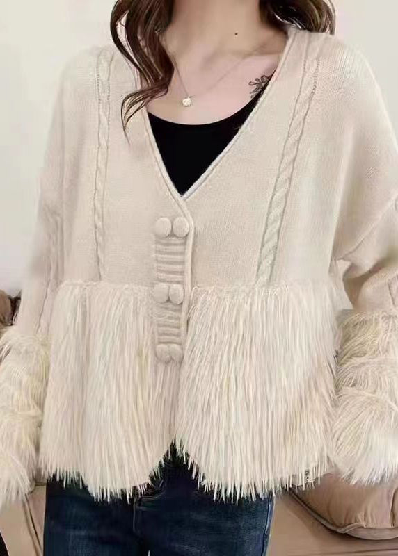 Women Apricot V Neck Patchwork Mink Hair Knitted Cardigan Fall