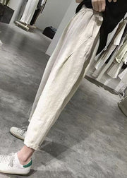 Women Apricot Wrinkled Pockets Elastic Waist Linen Crop Pants Summer