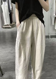 Women Apricot Wrinkled Pockets Elastic Waist Linen Crop Pants Summer