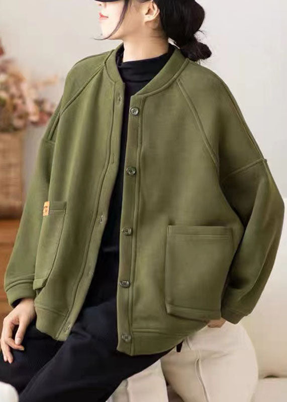 Women Army Green O-Neck Pockets Patchwork O-Neck Fleece Coat Winter