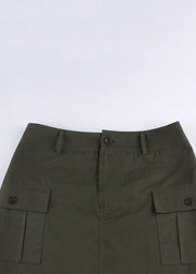 Women Army Green Pockets High Waist Patchwork Cotton Skirts Fall