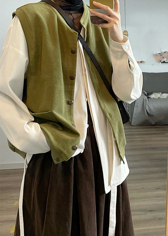 Women Army Green Stand Collar Button Cardigans And Shirts Two Piece Set Long Sleeve