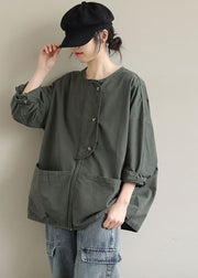 Women Army Green Zip Up Pockets Cotton Coat Spring