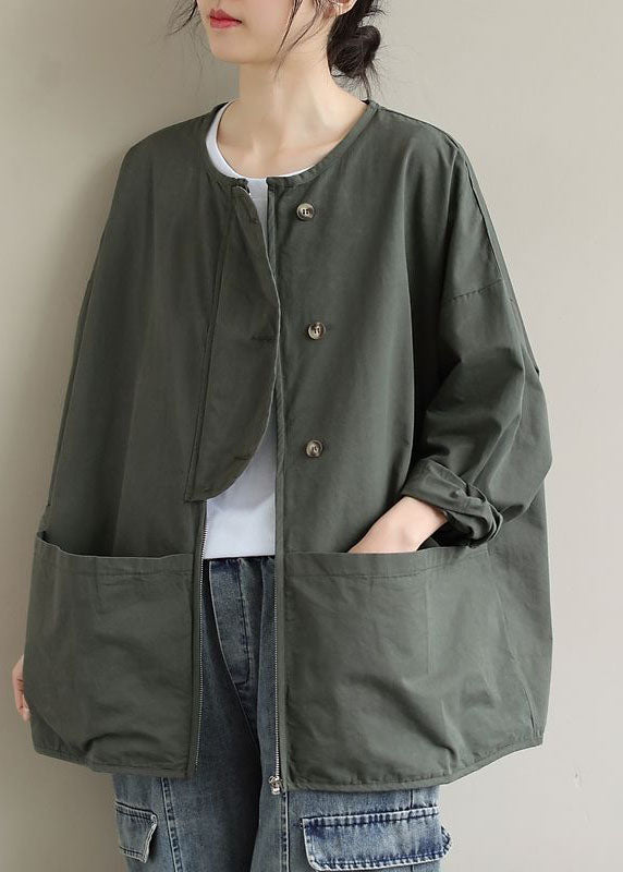Frauen-Armee-Grün-Reißverschluss-Taschen-Baumwollmantel-Frühling