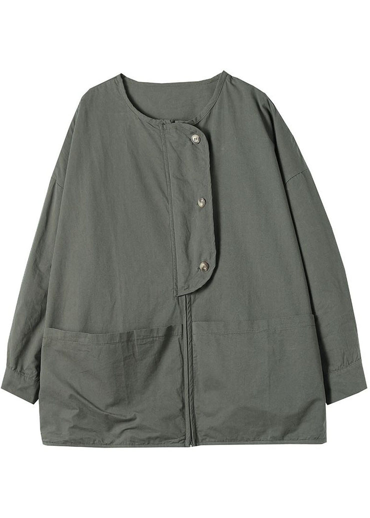 Women Army Green Zip Up Pockets Cotton Coat Spring