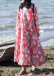 Women Asymmetrical Spring dresses Sewing Red Print Dresses - SooLinen