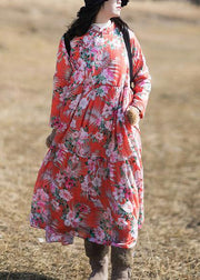 Women Asymmetrical Spring dresses Sewing Red Print Dresses - SooLinen