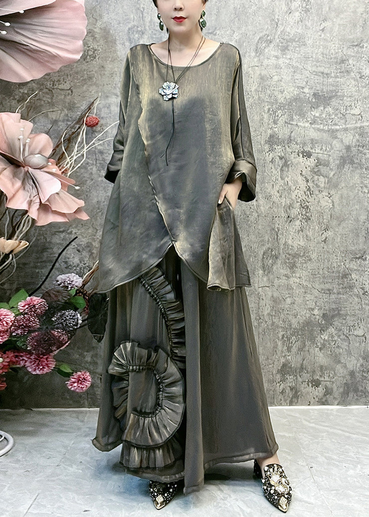 Women Asymmetrical Tops And Wide Leg Pants Silk Two Piece Suit Set Batwing Sleeve