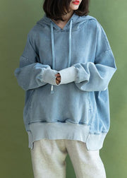 Women Batwing Sleeve cotton hooded shirts women Sewing light blue blouse - SooLinen