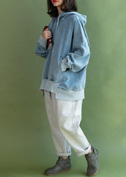 Women Batwing Sleeve cotton hooded shirts women Sewing light blue blouse - SooLinen