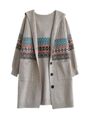 Women Beige Button Knitted Hooded Coats Cardigans Spring