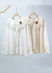 Women Beige Embroideried Button Cotton Blouses Long Sleeve
