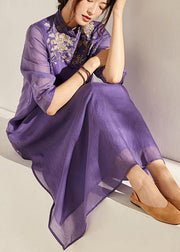 Women Beige Embroideried Patchwork Button Summer Long Dress - SooLinen