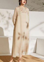 Women Beige Embroideried Patchwork Button Summer Long Dress - SooLinen