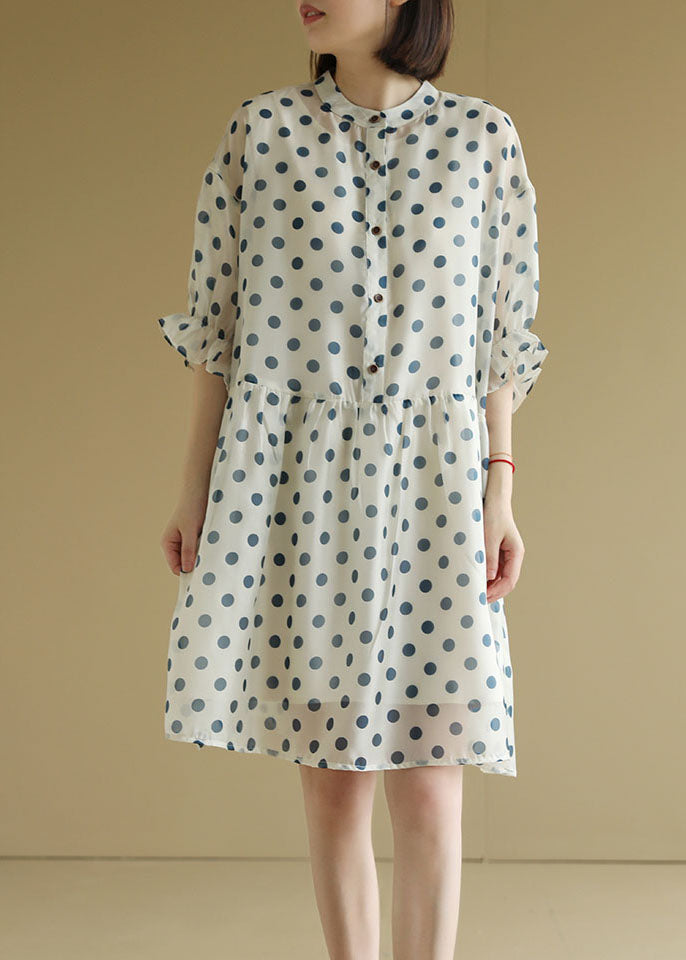 Women Beige O-Neck Dot Print Chiffon Maxi Dresses Half Sleeve