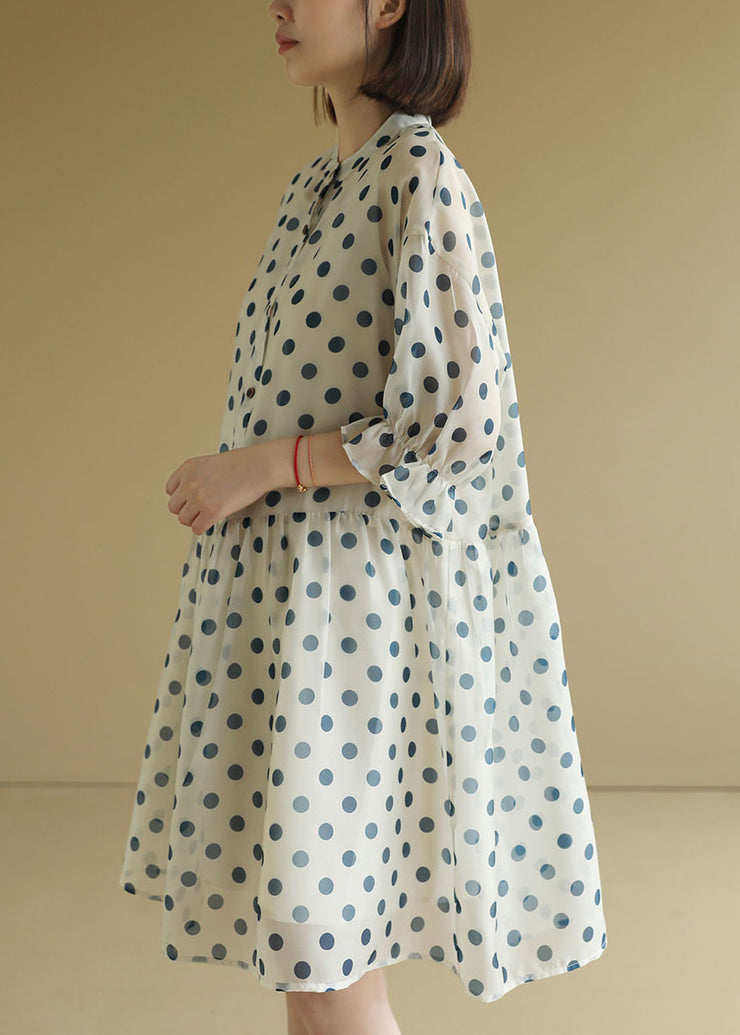 Women Beige O-Neck Dot Print Chiffon Maxi Dresses Half Sleeve