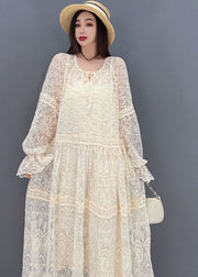 Women Beige O-Neck Hollow Out Lace Holiday Dress Long Sleeve