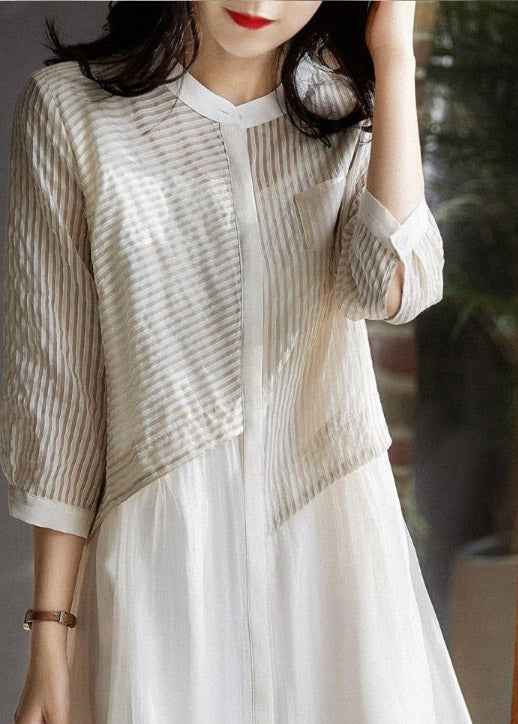 Women Beige O-Neck Striped Pockets Fake Two Pieces Tulle Dresses Long Sleeve