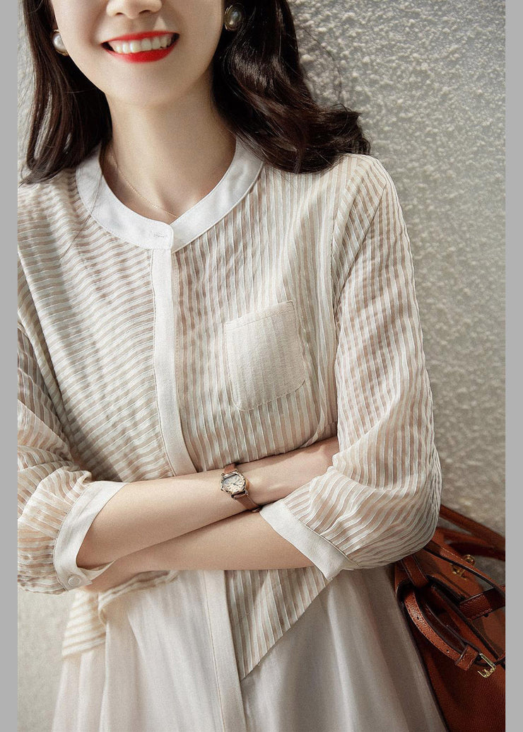 Women Beige O-Neck Striped Pockets Fake Two Pieces Tulle Dresses Long Sleeve