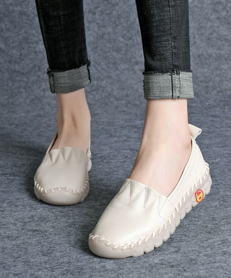 Women Beige Platform Flat Shoes For Cowhide Leather