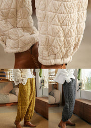 Women Beige Pockets High Waist Cotton Filled Pants Spring
