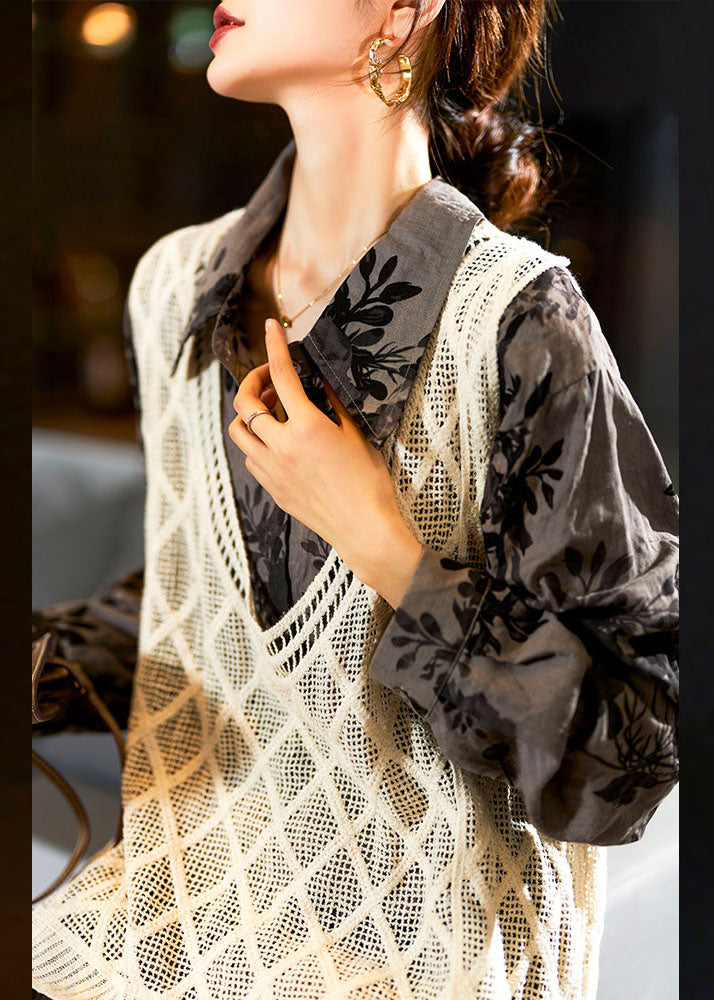 Women Beige Print Hollow Out Knit Waistcoat And Shirts Two Pieces Set Long Sleeve