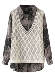 Women Beige Print Hollow Out Knit Waistcoat And Shirts Two Pieces Set Long Sleeve