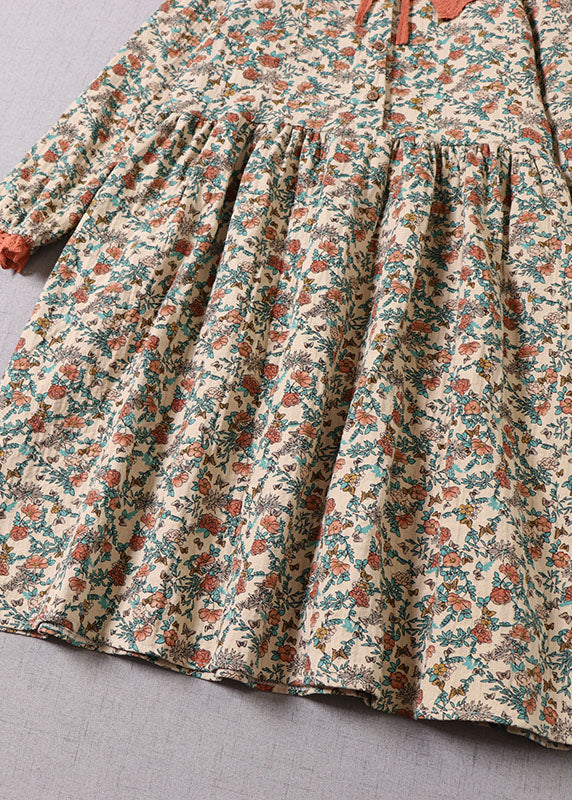 Women Beige Ruffled Print Cotton Dress Long Sleeve