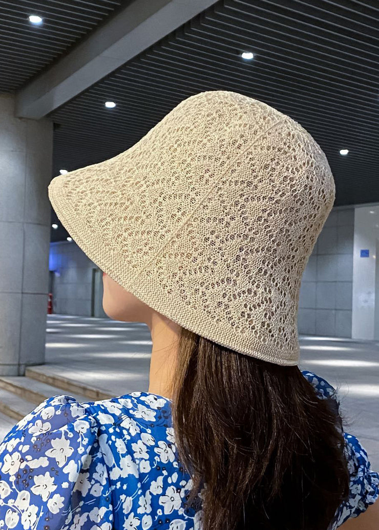 Women Beige Thin Hollow Out Cotton Blended Bucket Hat