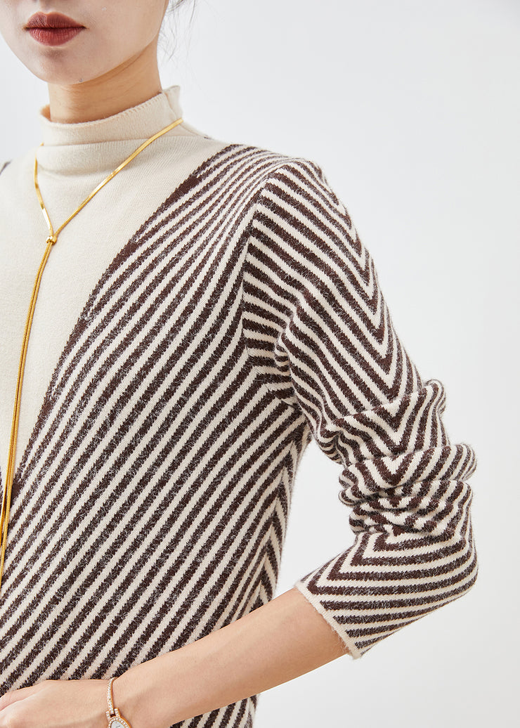 Women Beige Turtle Neck Striped Silm Fit Knit Sweater Winter