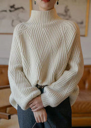 Women Beige Turtleneck Cozy  Cotton Knit Sweaters Fall