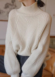 Women Beige Turtleneck Cozy  Cotton Knit Sweaters Fall