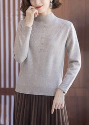 Women Beige Turtleneck Solid Wool Knit Tops Long Sleeve