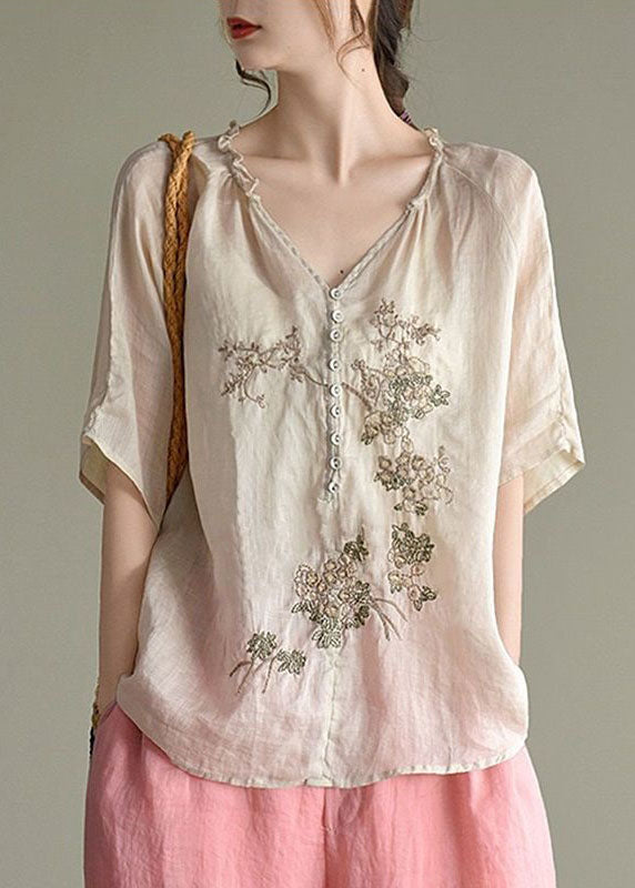 Women Beige V Neck Embroidered Patchwork Linen Top Summer