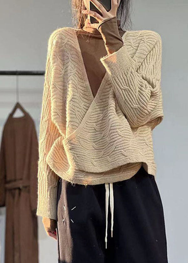 Women Beige V Neck Oversized Original Design Knit Sweater Winter