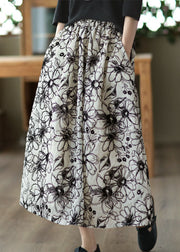 Women Beige Wrinkled Embroidered Linen Skirt Summer