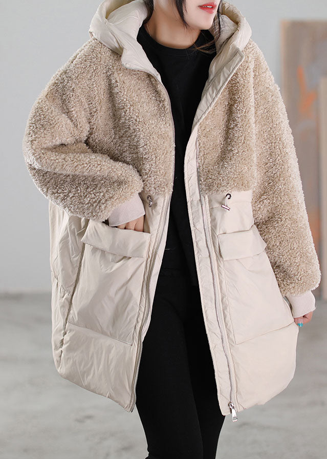 Women Beige Zip Up Patchwork Faux Fur down coat Winter