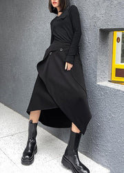 Women Black Asymmetrical Button Cotton Skirt - SooLinen