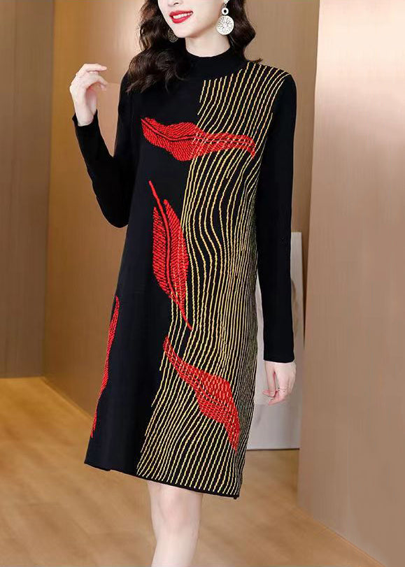 Women Black Asymmetrical Cozy Cotton Knit Mid Dress Winter