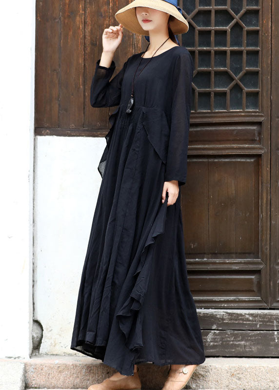 Women Black Asymmetrical Design Cotton Loose Dress Long Sleeve