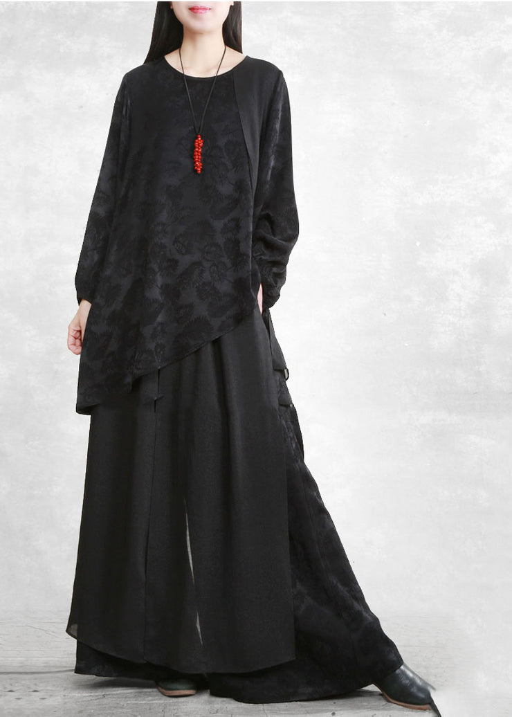 Women Black Asymmetrical Design Jacquard Silk Two Piece Set Spring