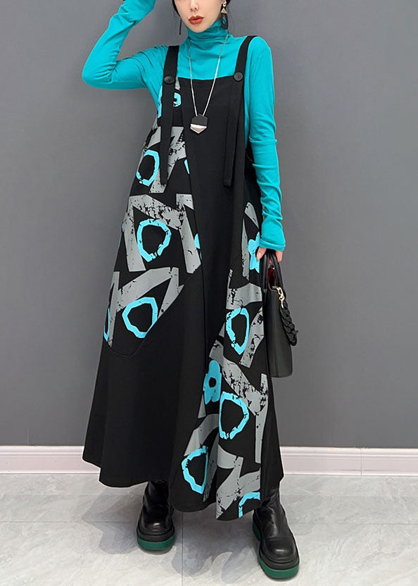 Women Black Asymmetrical Design Patchwork Print Cotton Strap Dress Spring