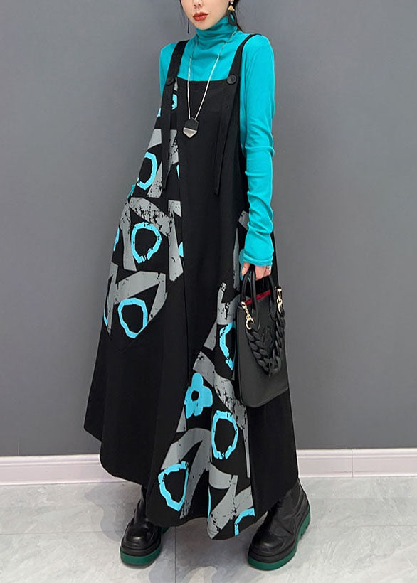 Women Black Asymmetrical Design Patchwork Print Cotton Strap Dress Spring