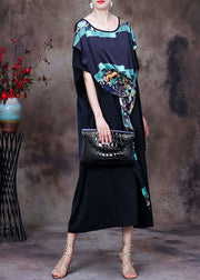 Frauen schwarzes asymmetrisches Design Print Chiffon Kleid Fledermausärmel