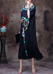 Frauen schwarzes asymmetrisches Design Print Chiffon Kleid Fledermausärmel