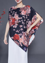 Women Black Asymmetrical Design Print Silk Top Summer