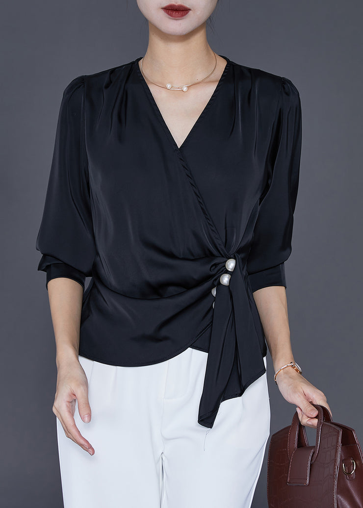 Women Black Asymmetrical Draping Silk Shirt Tops Fall