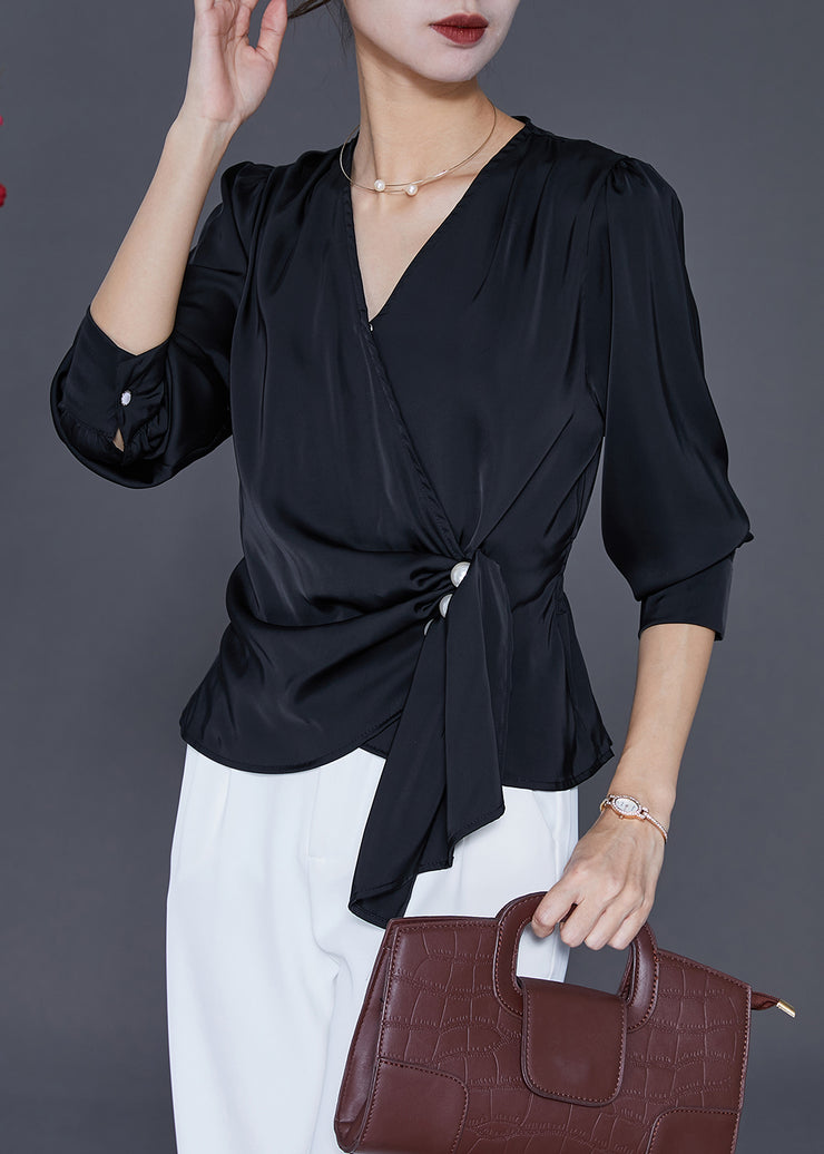 Women Black Asymmetrical Draping Silk Shirt Tops Fall